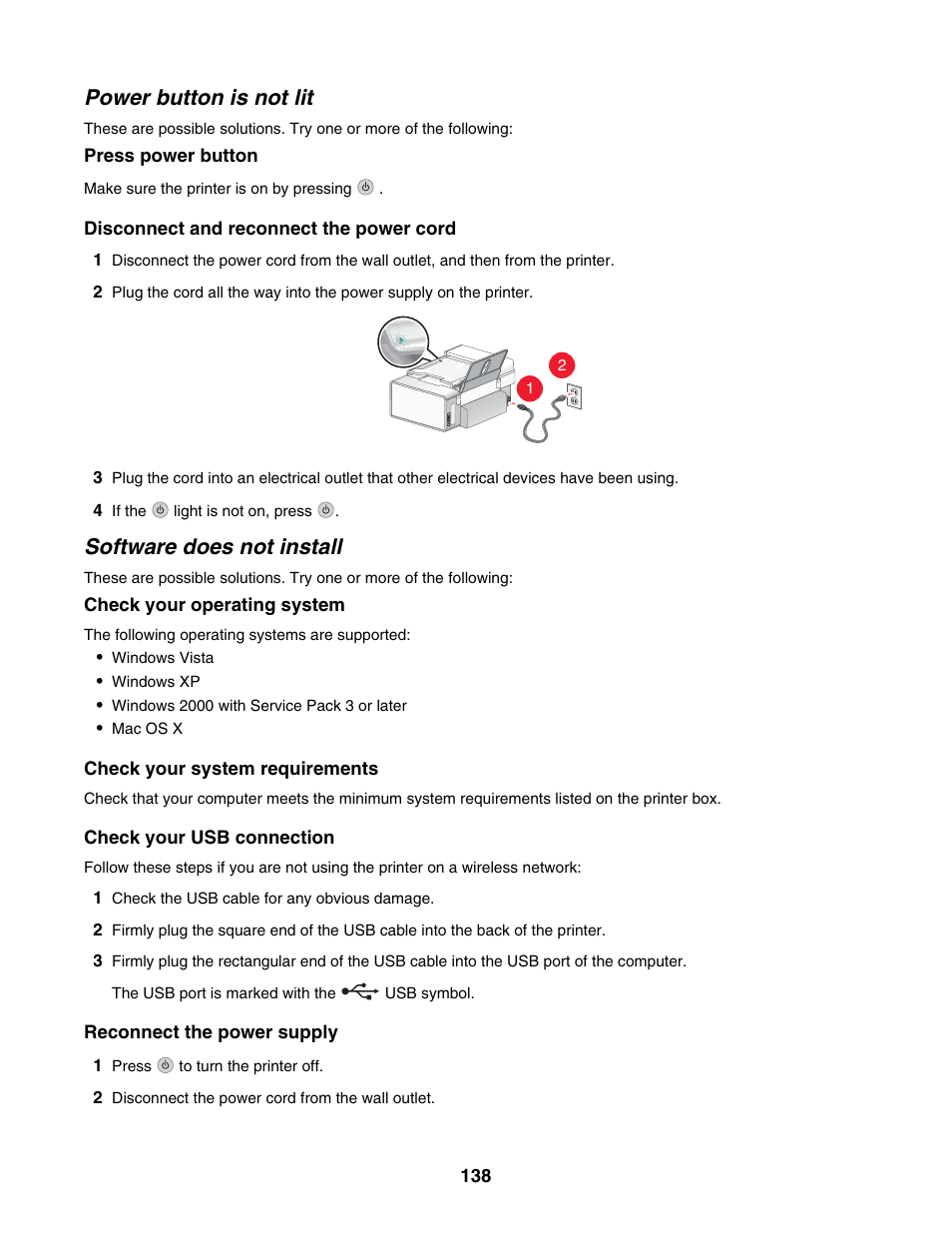 Power button is not lit, Software does not install | Lexmark 6500 Series User Manual | Page 138 / 223