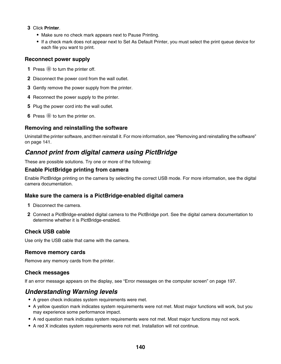 Cannot print from digital camera using pictbridge, Understanding warning levels | Lexmark 6500 Series User Manual | Page 140 / 223