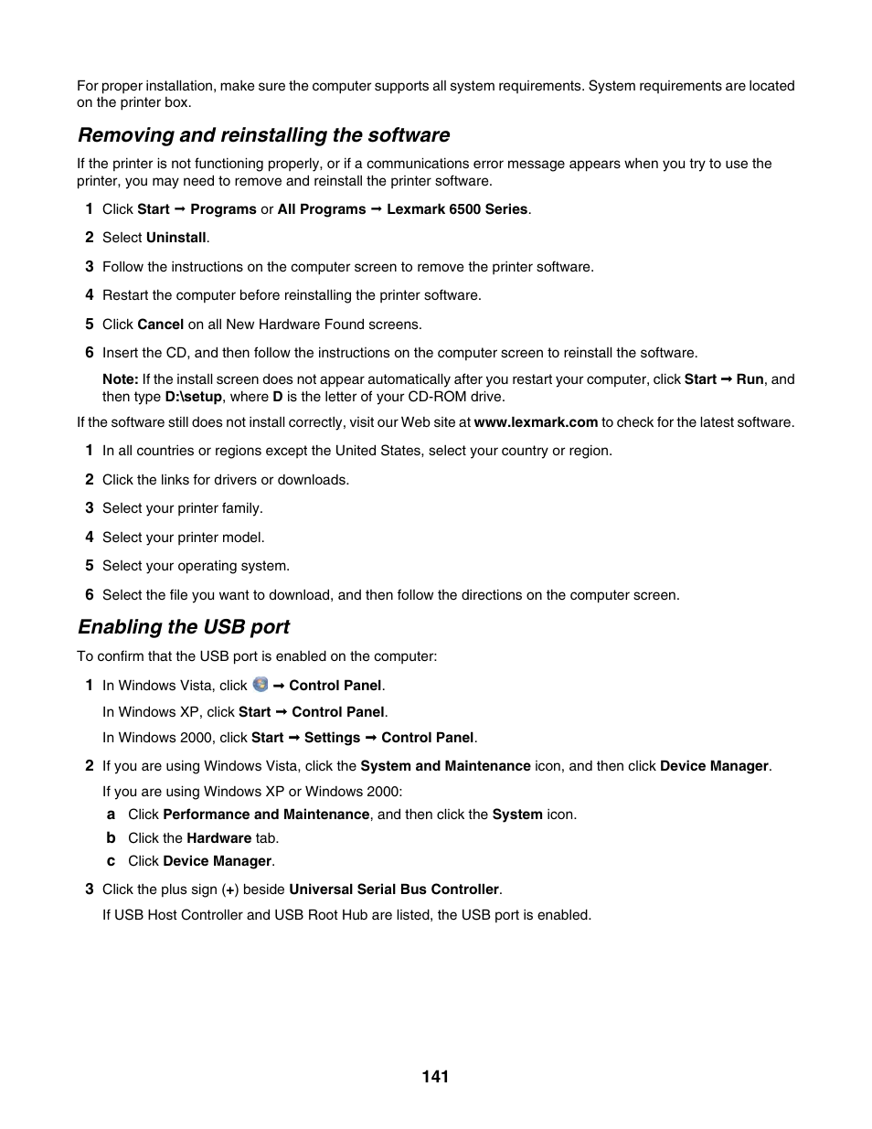 Removing and reinstalling the software, Enabling the usb port | Lexmark 6500 Series User Manual | Page 141 / 223