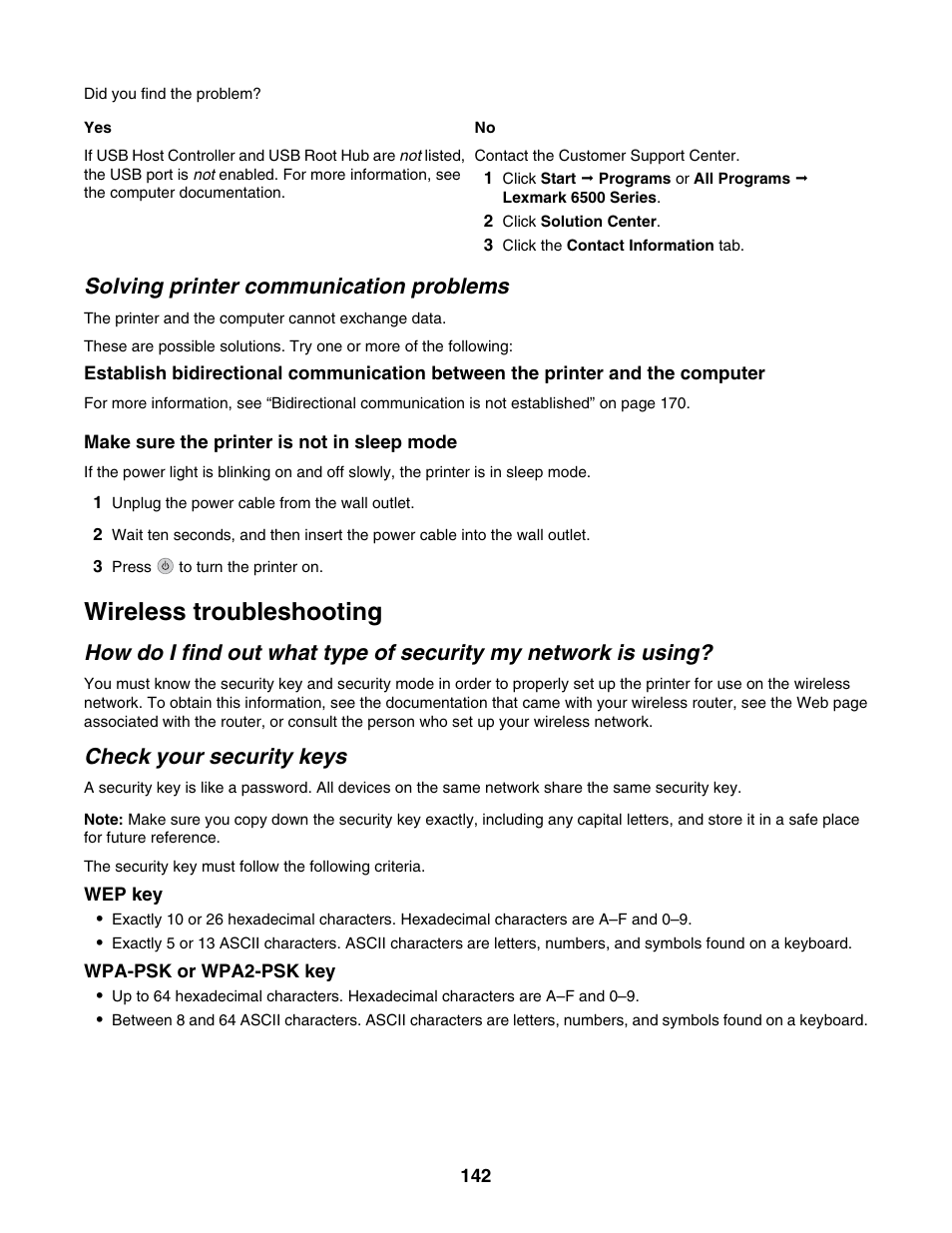 Solving printer communication problems, Wireless troubleshooting, Check your security keys | Lexmark 6500 Series User Manual | Page 142 / 223