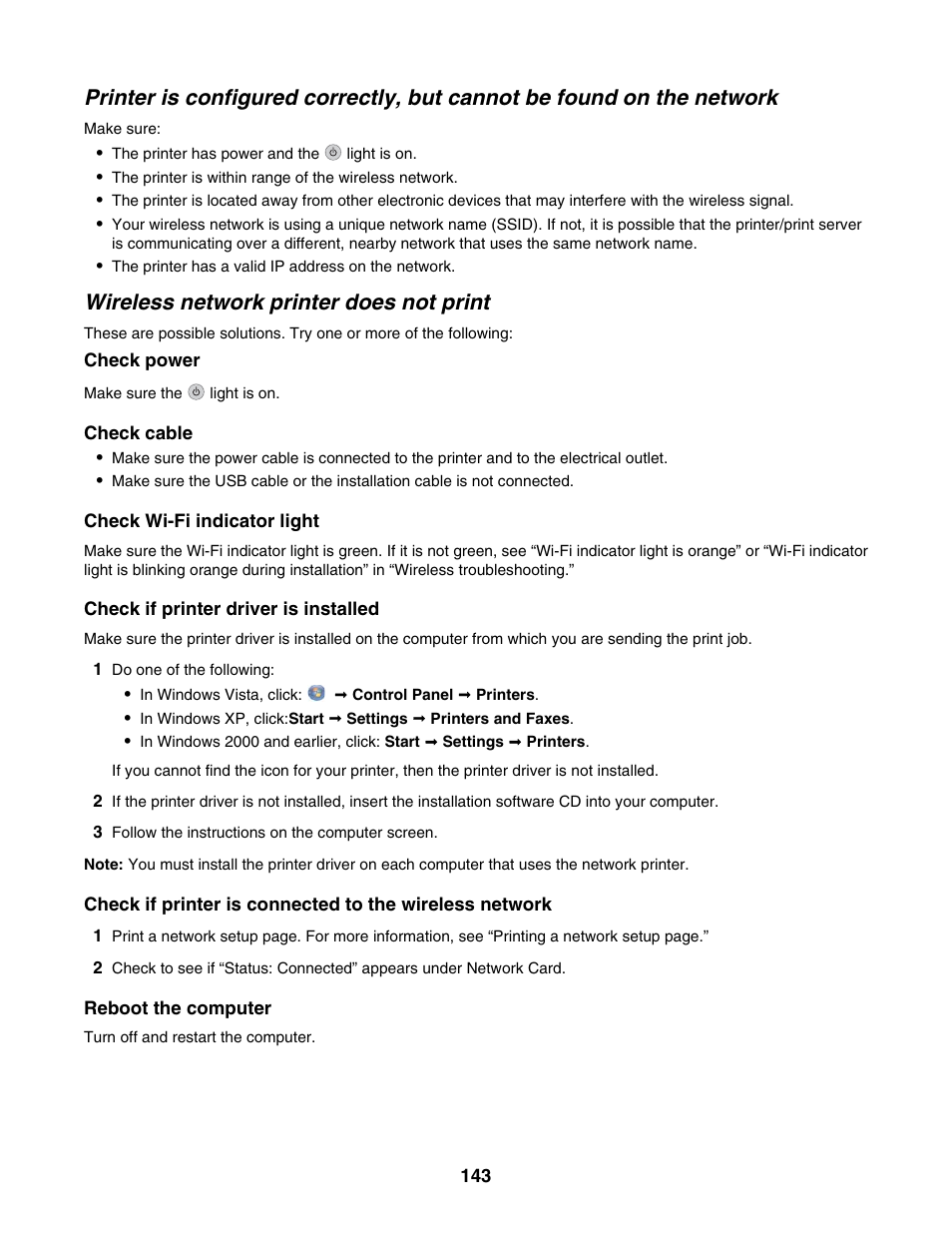 Wireless network printer does not print | Lexmark 6500 Series User Manual | Page 143 / 223