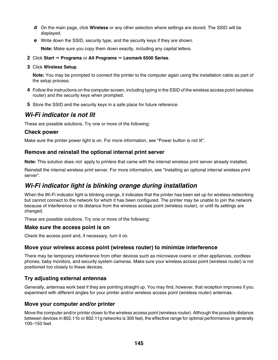 Wi-fi indicator is not lit | Lexmark 6500 Series User Manual | Page 145 / 223