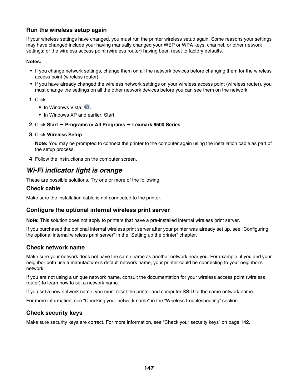 Wi-fi indicator light is orange | Lexmark 6500 Series User Manual | Page 147 / 223