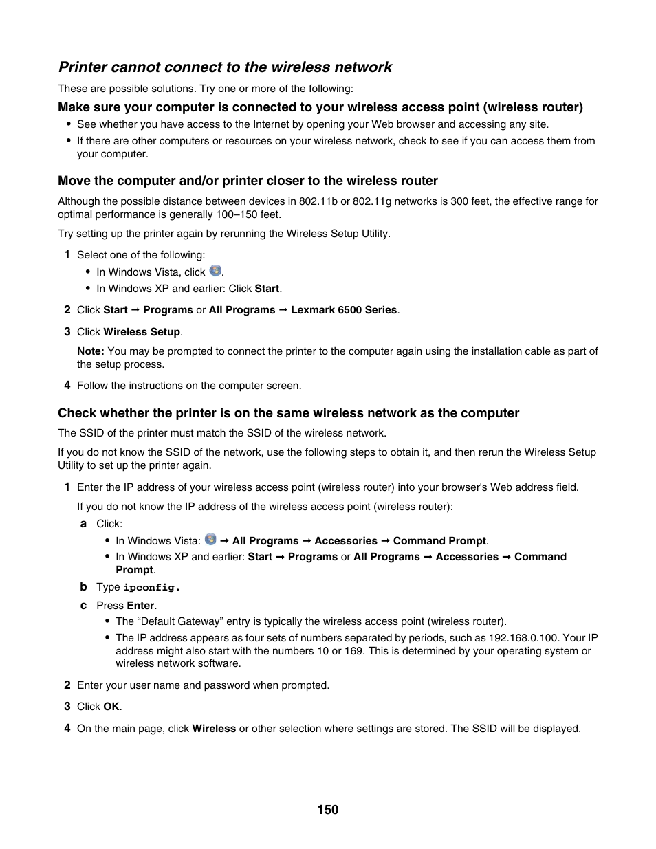 Printer cannot connect to the wireless network | Lexmark 6500 Series User Manual | Page 150 / 223