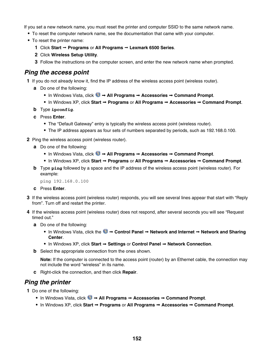 Ping the access point, Ping the printer | Lexmark 6500 Series User Manual | Page 152 / 223