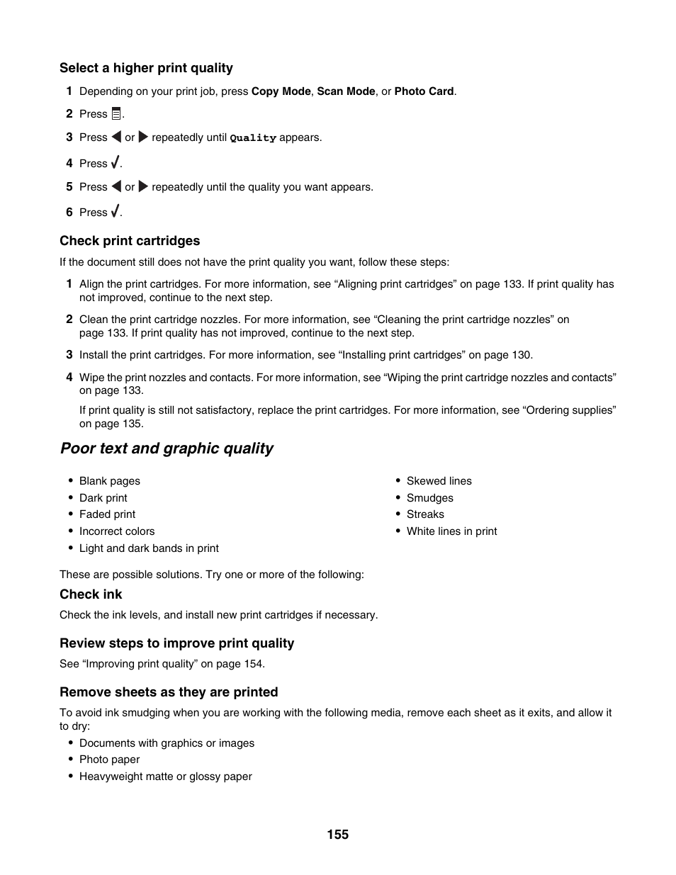 Poor text and graphic quality | Lexmark 6500 Series User Manual | Page 155 / 223