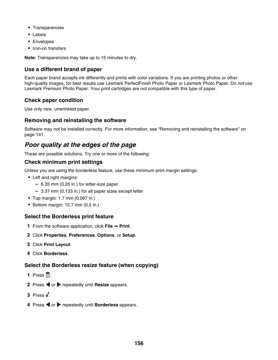 Poor quality at the edges of the page | Lexmark 6500 Series User Manual | Page 156 / 223