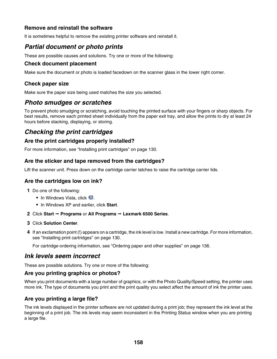 Partial document or photo prints, Photo smudges or scratches, Checking the print cartridges | Ink levels seem incorrect | Lexmark 6500 Series User Manual | Page 158 / 223