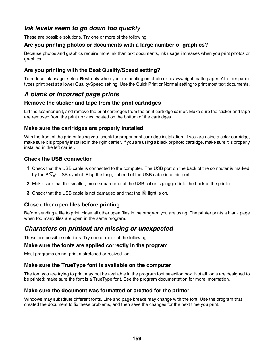 Ink levels seem to go down too quickly, Characters on printout are missing or unexpected, A blank or incorrect page prints | Lexmark 6500 Series User Manual | Page 159 / 223