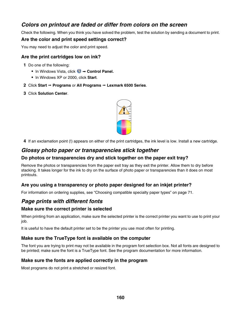 Page prints with different fonts | Lexmark 6500 Series User Manual | Page 160 / 223