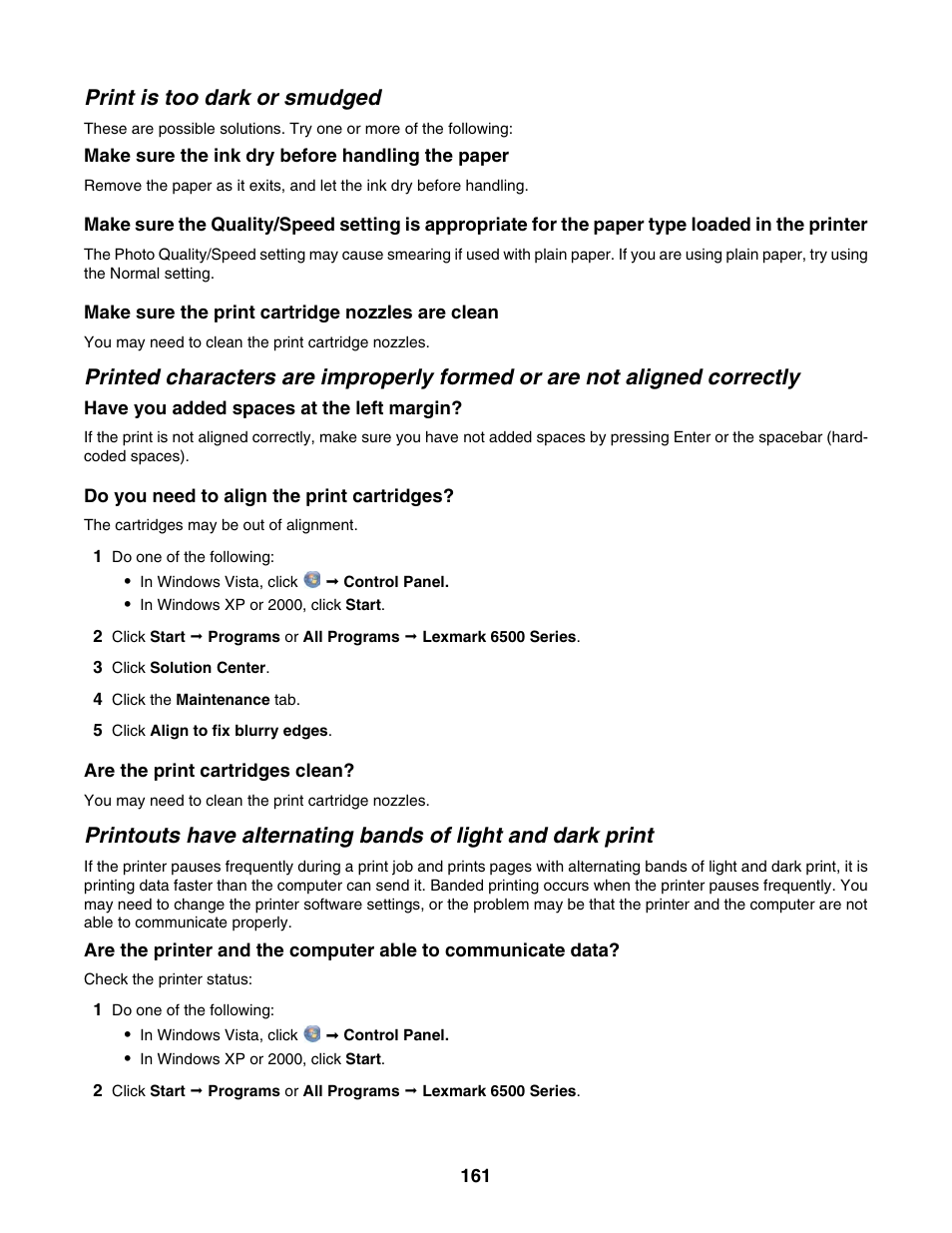 Print is too dark or smudged | Lexmark 6500 Series User Manual | Page 161 / 223