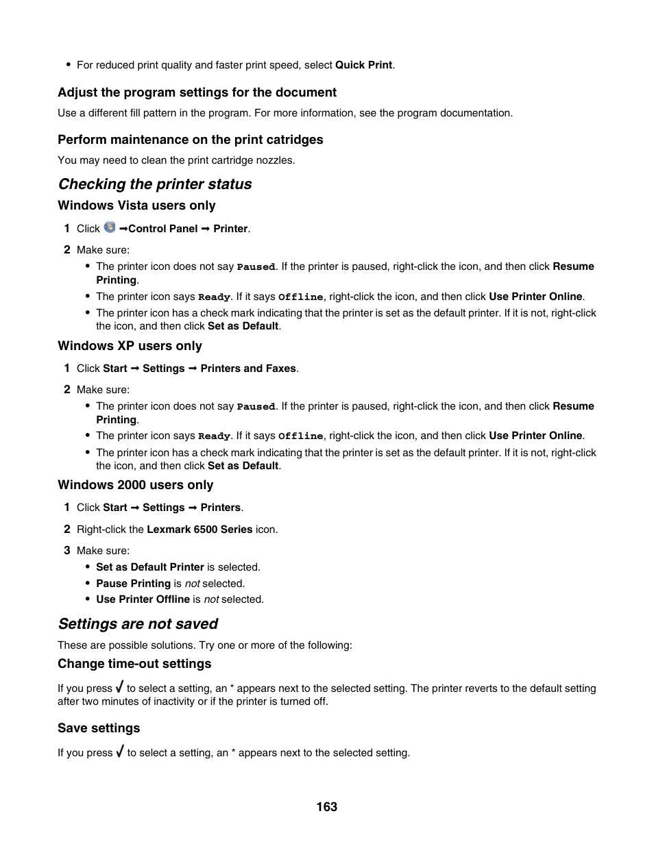 Checking the printer status, Settings are not saved | Lexmark 6500 Series User Manual | Page 163 / 223