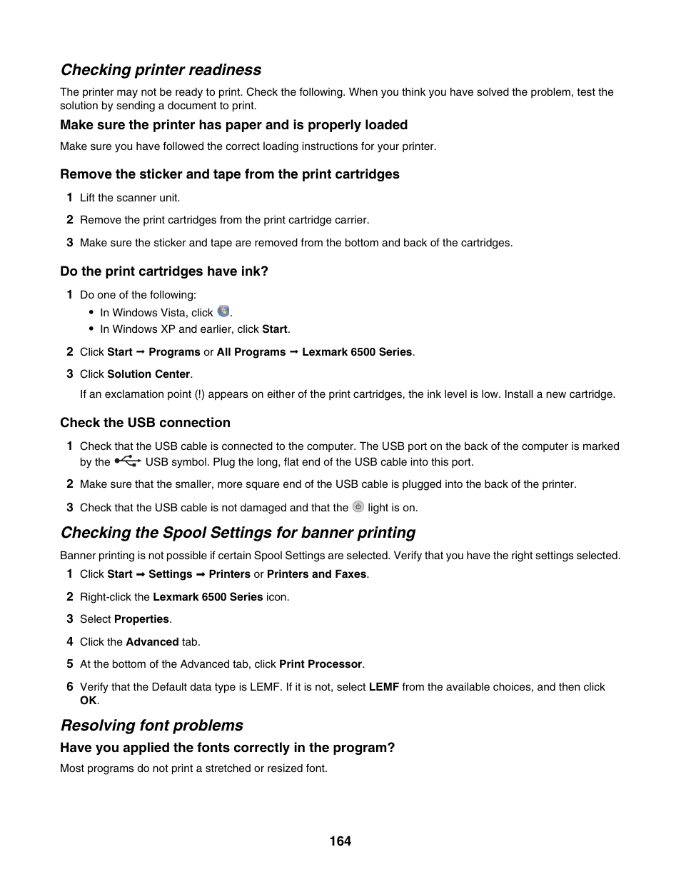 Checking printer readiness, Checking the spool settings for banner printing, Resolving font problems | Lexmark 6500 Series User Manual | Page 164 / 223