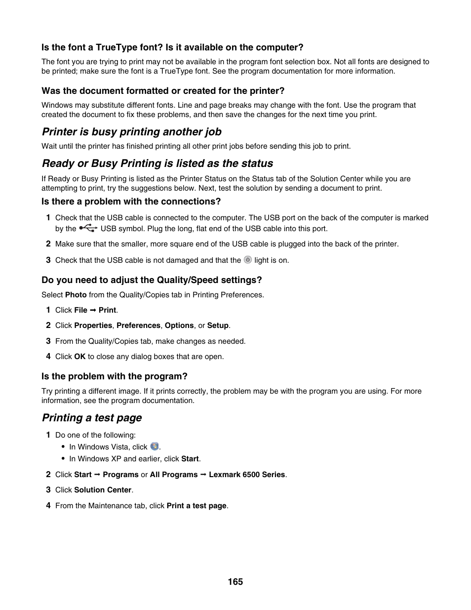 Printer is busy printing another job, Ready or busy printing is listed as the status, Printing a test page | Lexmark 6500 Series User Manual | Page 165 / 223