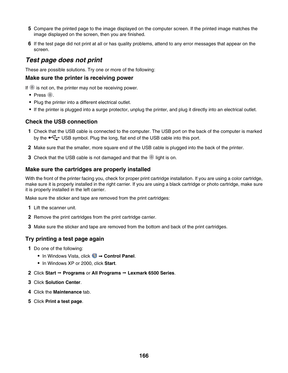 Test page does not print | Lexmark 6500 Series User Manual | Page 166 / 223