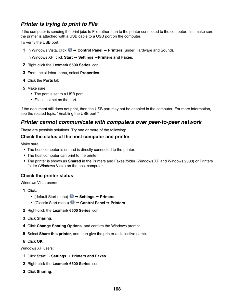 Printer is trying to print to file | Lexmark 6500 Series User Manual | Page 168 / 223