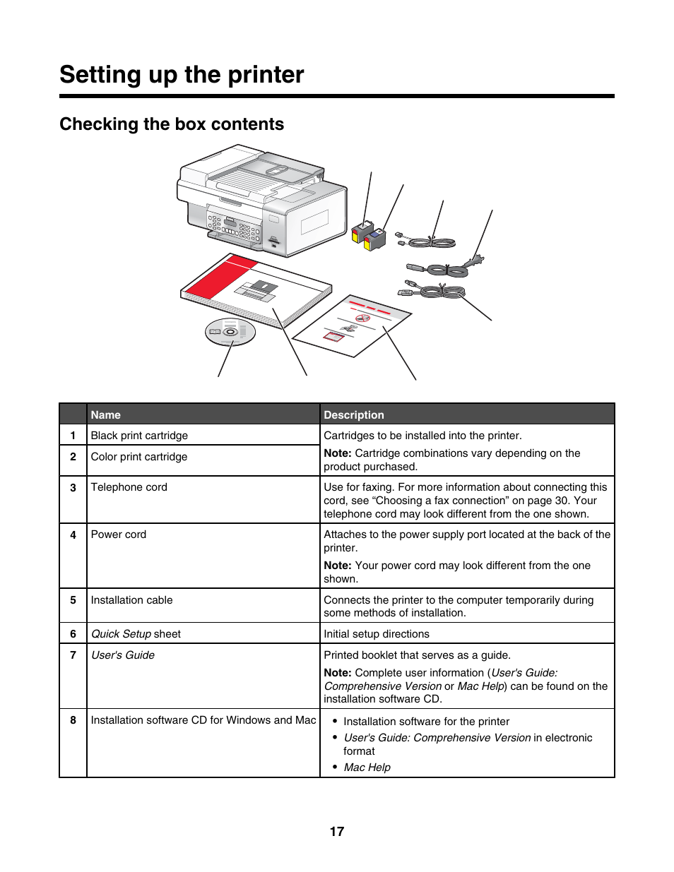 Setting up the printer, Checking the box contents | Lexmark 6500 Series User Manual | Page 17 / 223