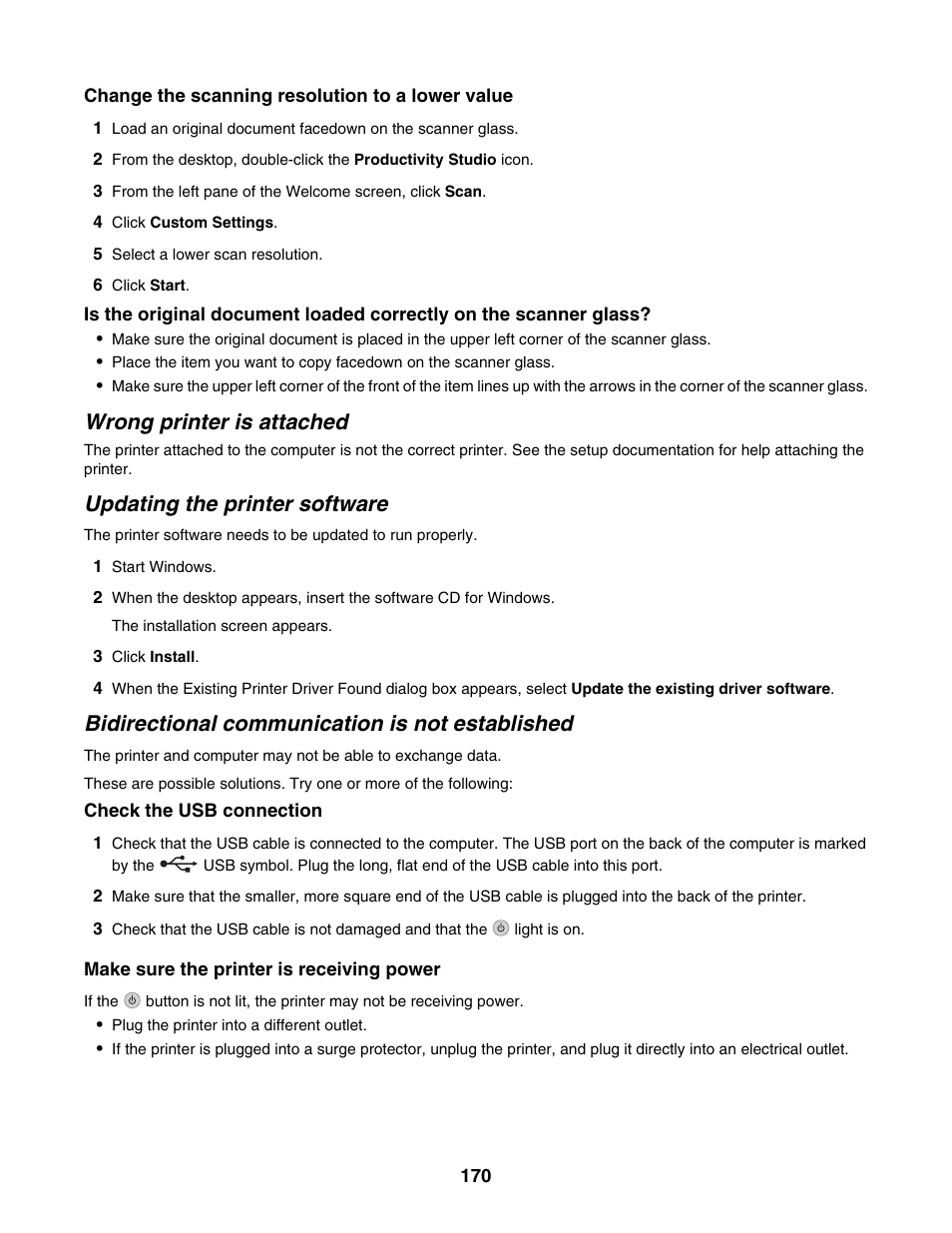 Wrong printer is attached, Updating the printer software, Bidirectional communication is not established | Lexmark 6500 Series User Manual | Page 170 / 223