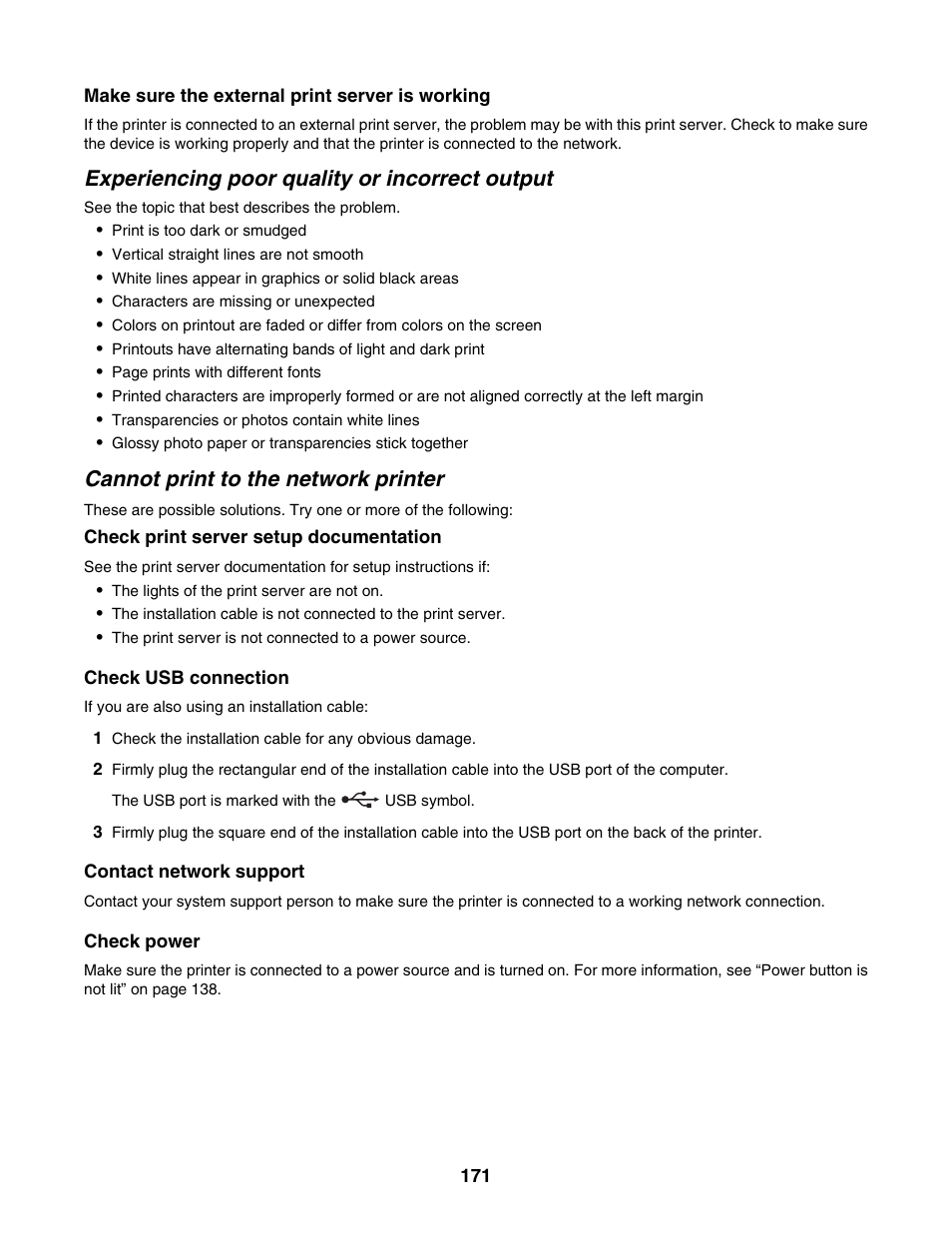 Experiencing poor quality or incorrect output, Cannot print to the network printer | Lexmark 6500 Series User Manual | Page 171 / 223