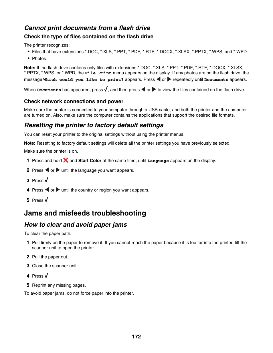 Cannot print documents from a flash drive, Resetting the printer to factory default settings, Jams and misfeeds troubleshooting | How to clear and avoid paper jams | Lexmark 6500 Series User Manual | Page 172 / 223