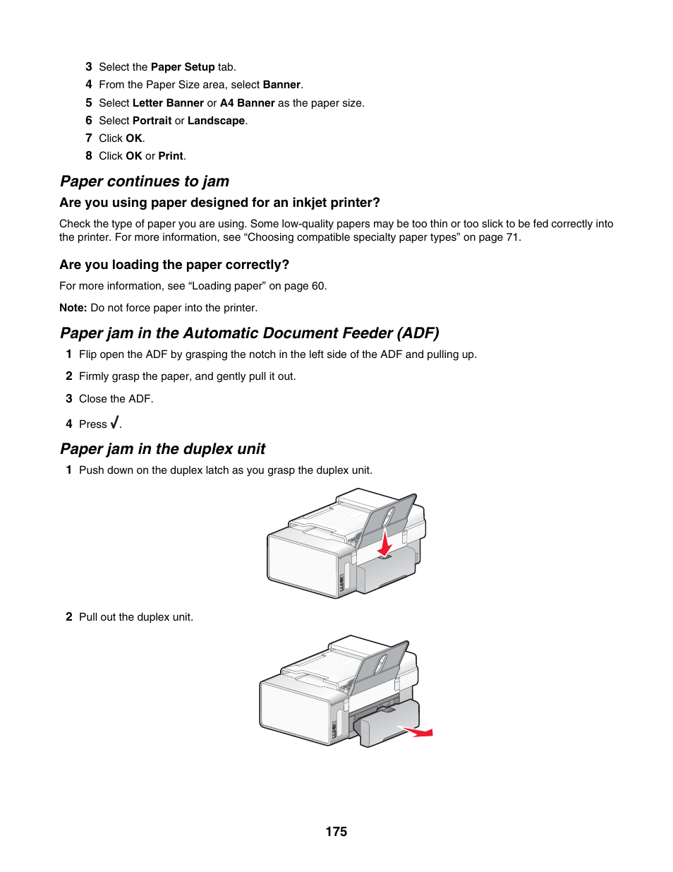 Paper continues to jam, Paper jam in the automatic document feeder (adf), Paper jam in the duplex unit | Lexmark 6500 Series User Manual | Page 175 / 223