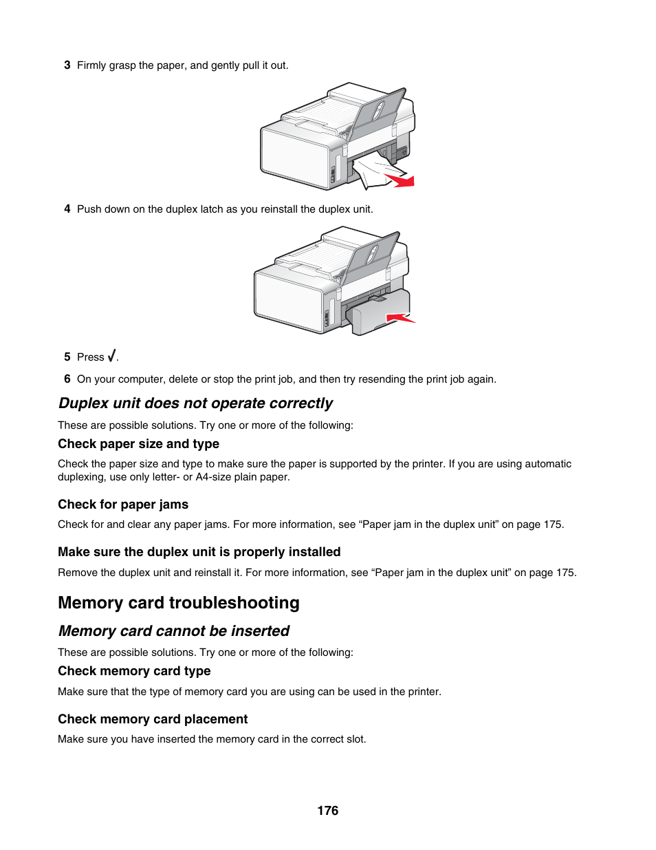 Duplex unit does not operate correctly, Memory card troubleshooting, Memory card cannot be inserted | Lexmark 6500 Series User Manual | Page 176 / 223