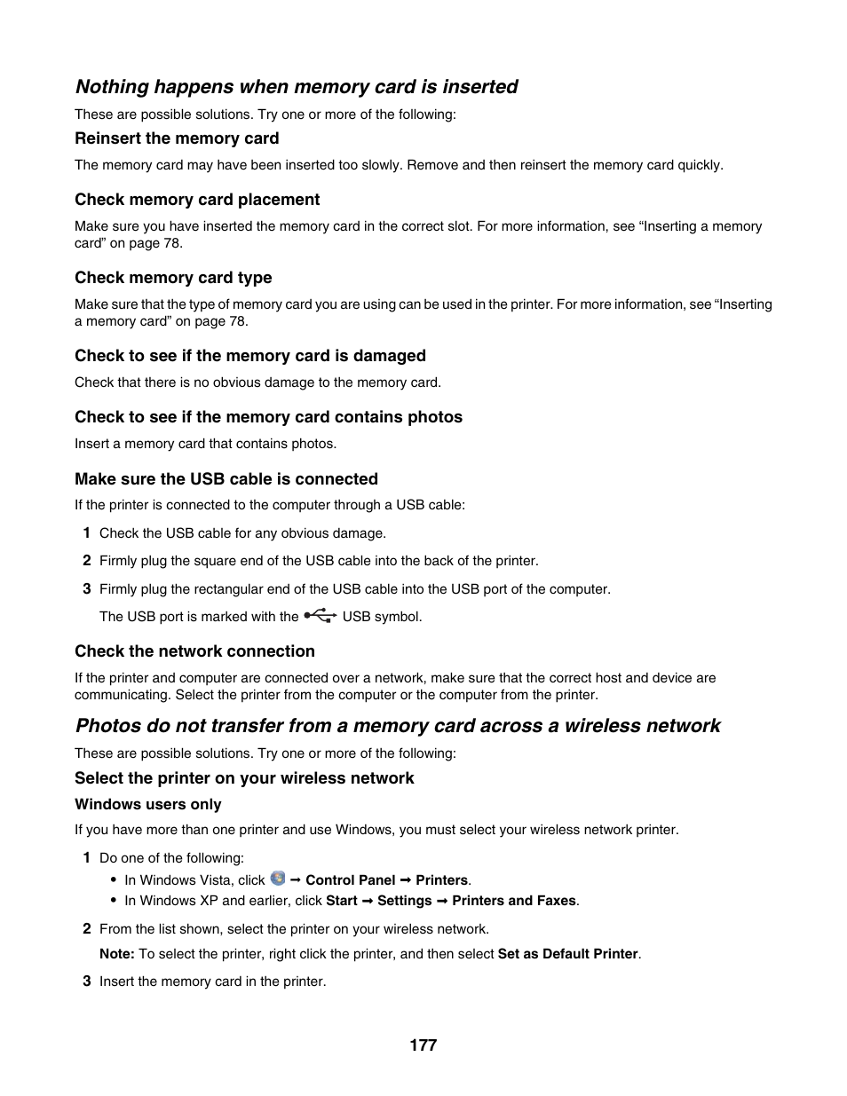 Nothing happens when memory card is inserted | Lexmark 6500 Series User Manual | Page 177 / 223