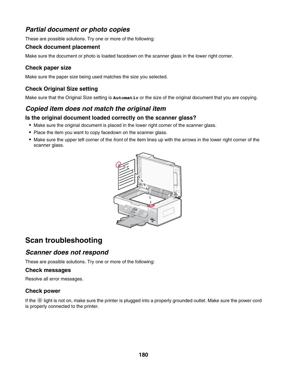 Partial document or photo copies, Copied item does not match the original item, Scan troubleshooting | Scanner does not respond | Lexmark 6500 Series User Manual | Page 180 / 223