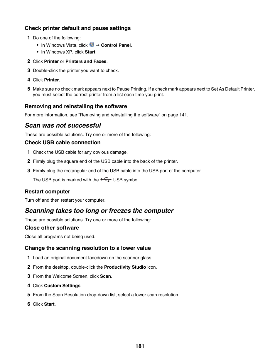 Scan was not successful, Scanning takes too long or freezes the computer | Lexmark 6500 Series User Manual | Page 181 / 223