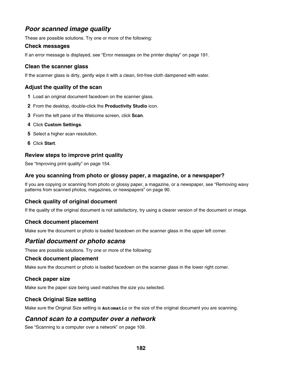 Poor scanned image quality, Partial document or photo scans, Cannot scan to a computer over a network | Lexmark 6500 Series User Manual | Page 182 / 223