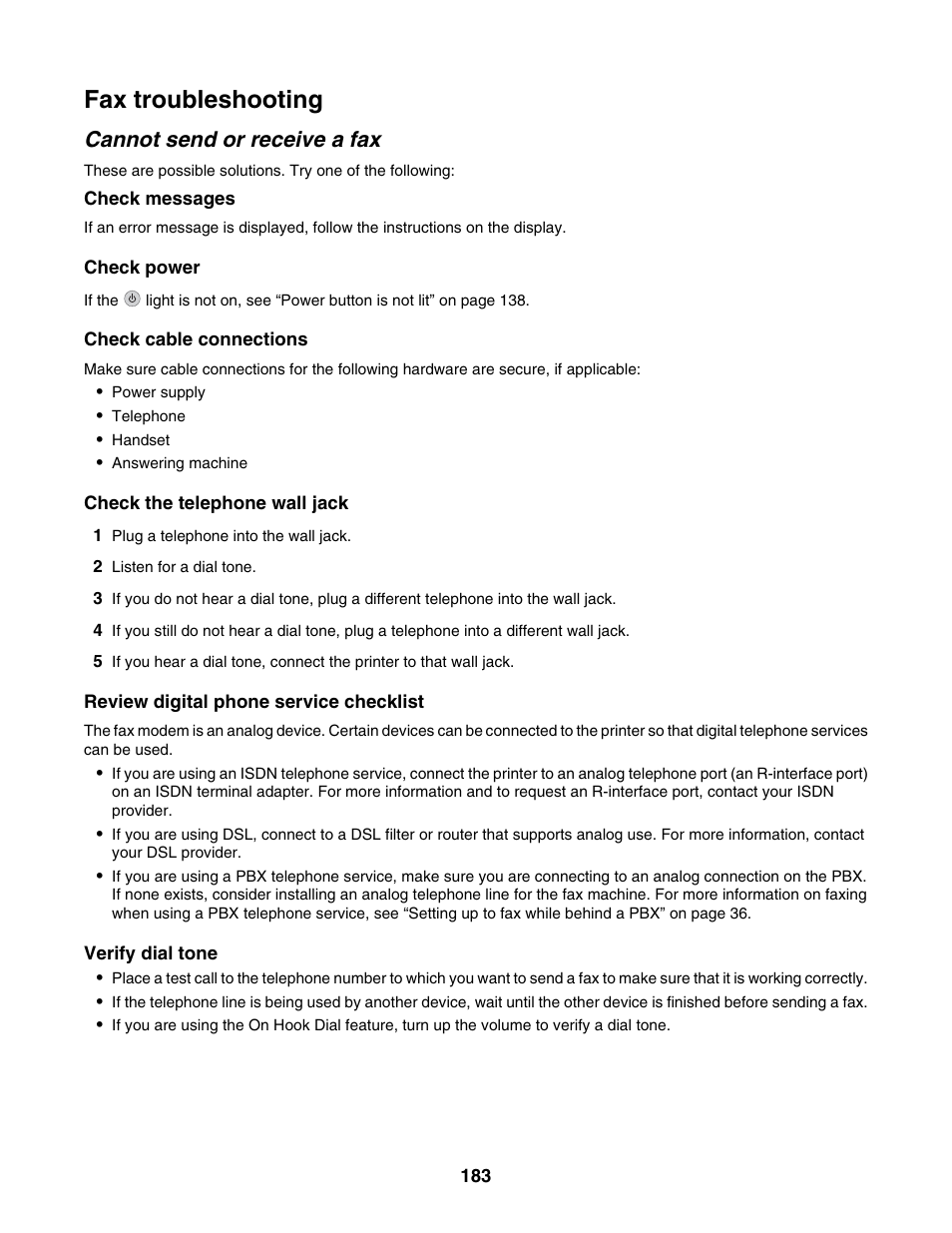 Fax troubleshooting, Cannot send or receive a fax | Lexmark 6500 Series User Manual | Page 183 / 223