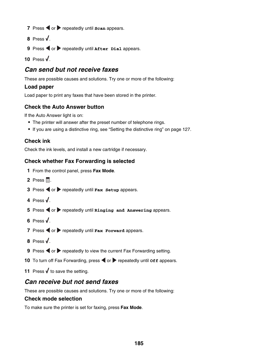 Can send but not receive faxes, Can receive but not send faxes | Lexmark 6500 Series User Manual | Page 185 / 223