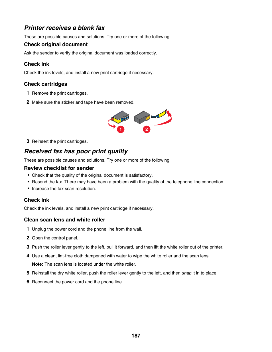 Printer receives a blank fax, Received fax has poor print quality | Lexmark 6500 Series User Manual | Page 187 / 223