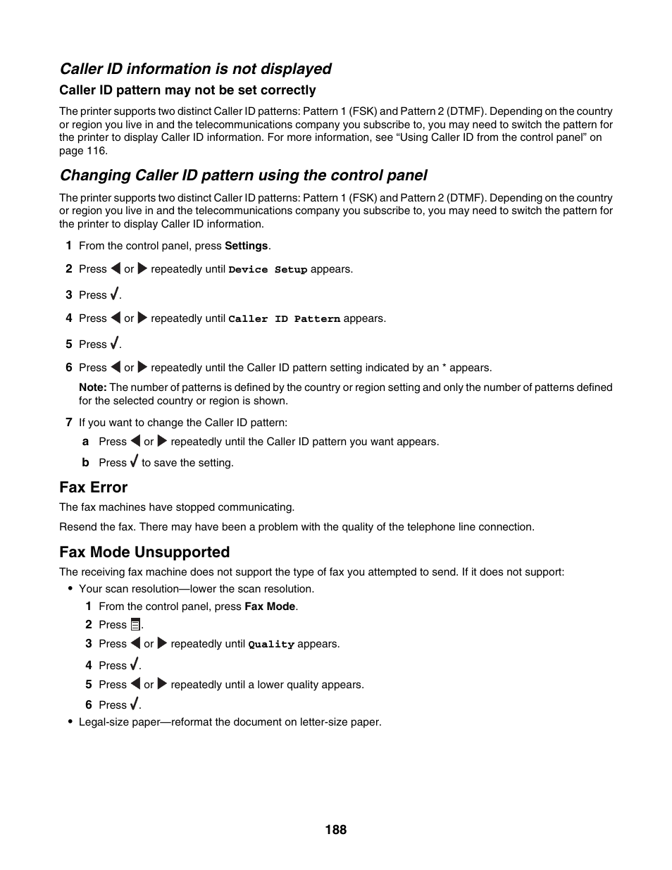 Caller id information is not displayed, Changing caller id pattern using the control panel, Fax error | Fax mode unsupported | Lexmark 6500 Series User Manual | Page 188 / 223