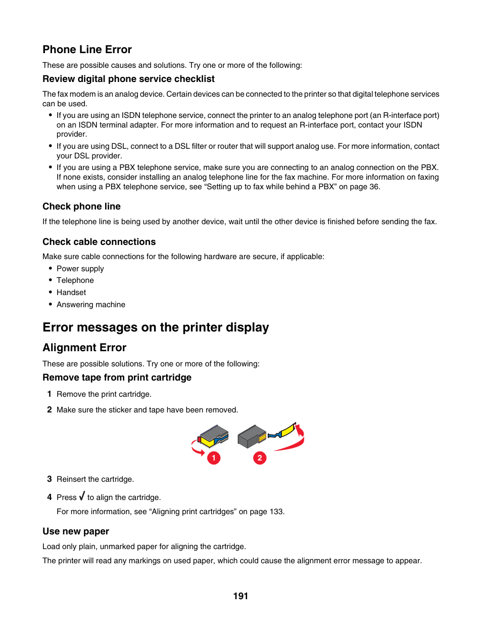 Phone line error, Error messages on the printer display, Alignment error | Lexmark 6500 Series User Manual | Page 191 / 223