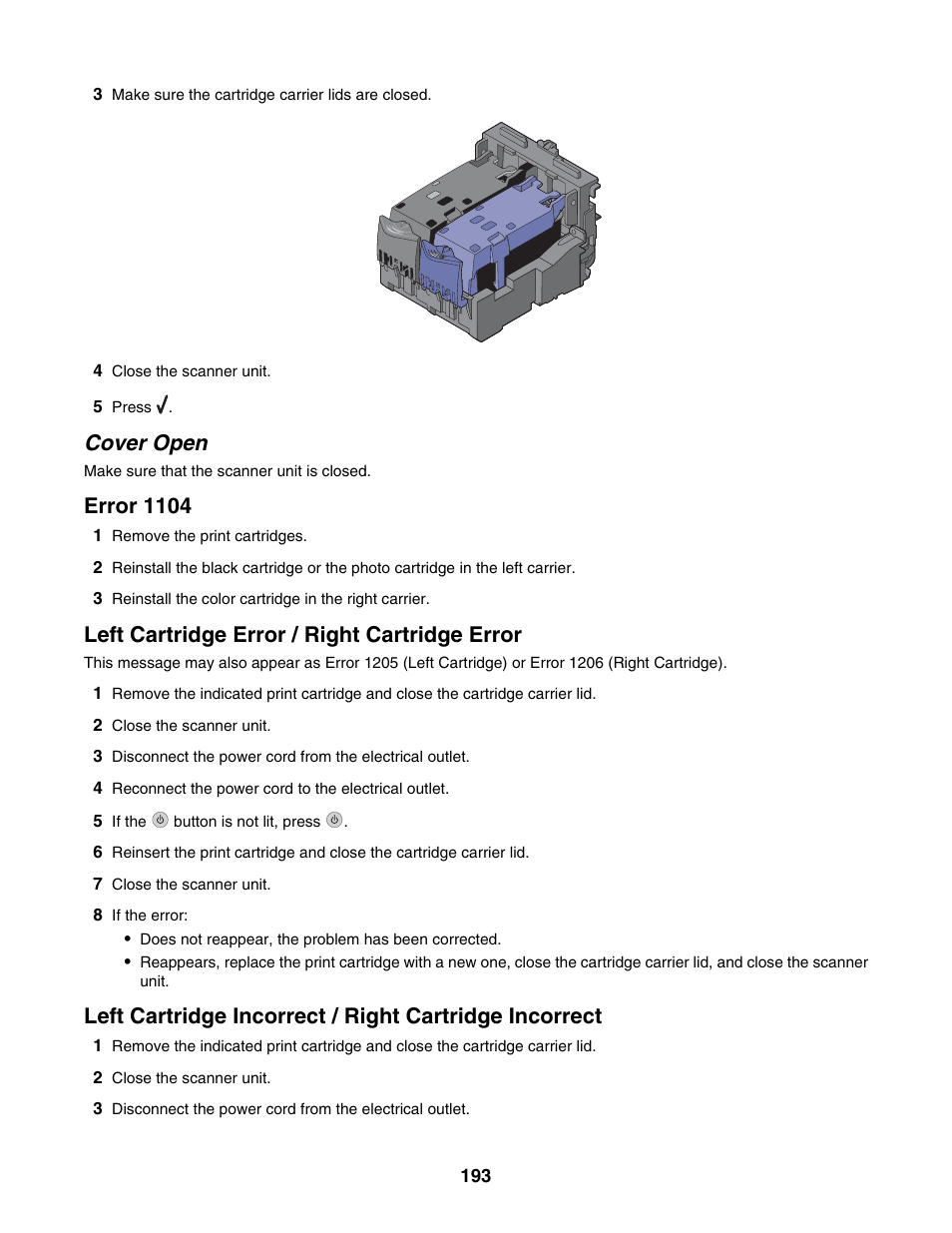 Cover open, Error 1104, Left cartridge error / right cartridge error | Lexmark 6500 Series User Manual | Page 193 / 223