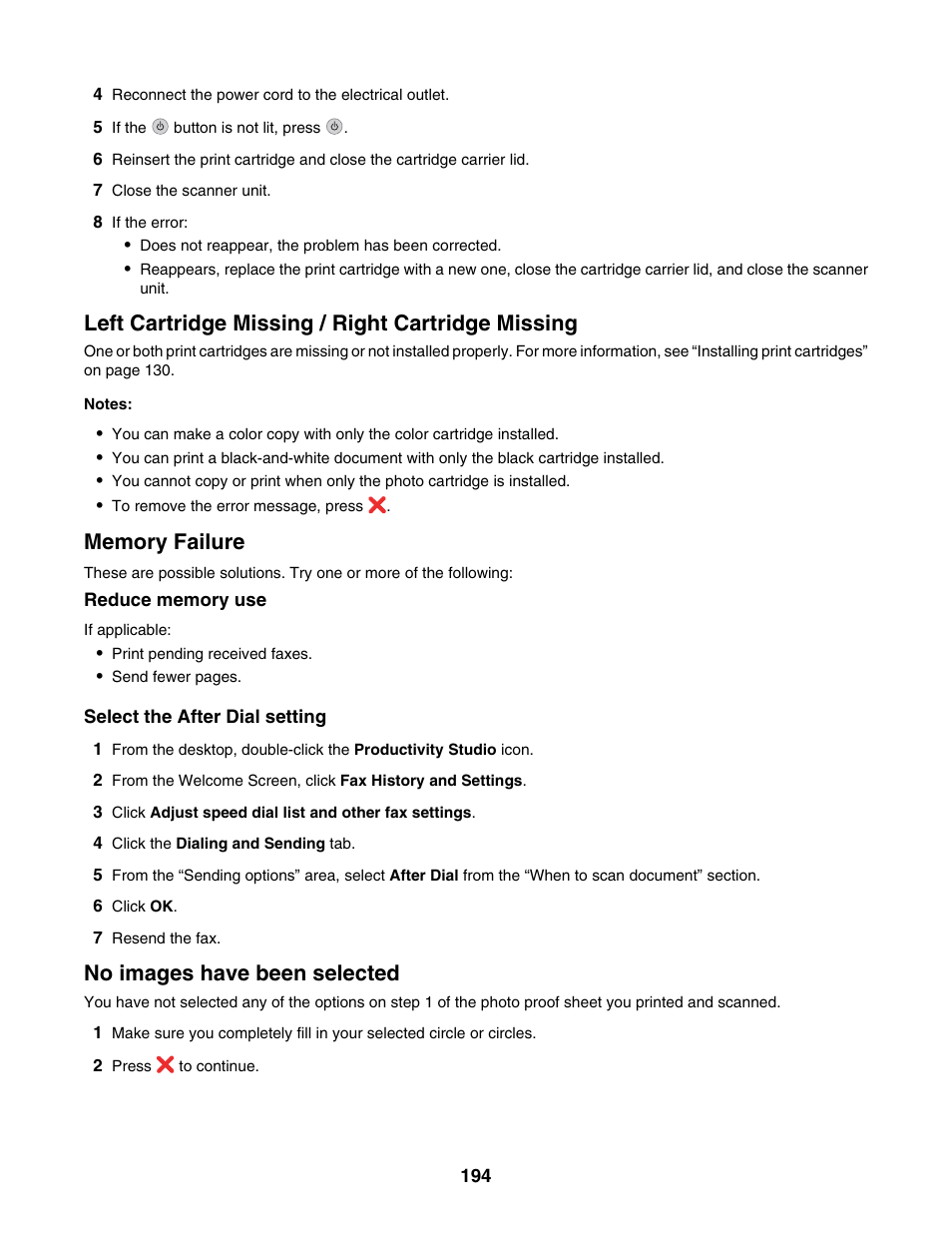 Left cartridge missing / right cartridge missing, Memory failure, No images have been selected | Lexmark 6500 Series User Manual | Page 194 / 223