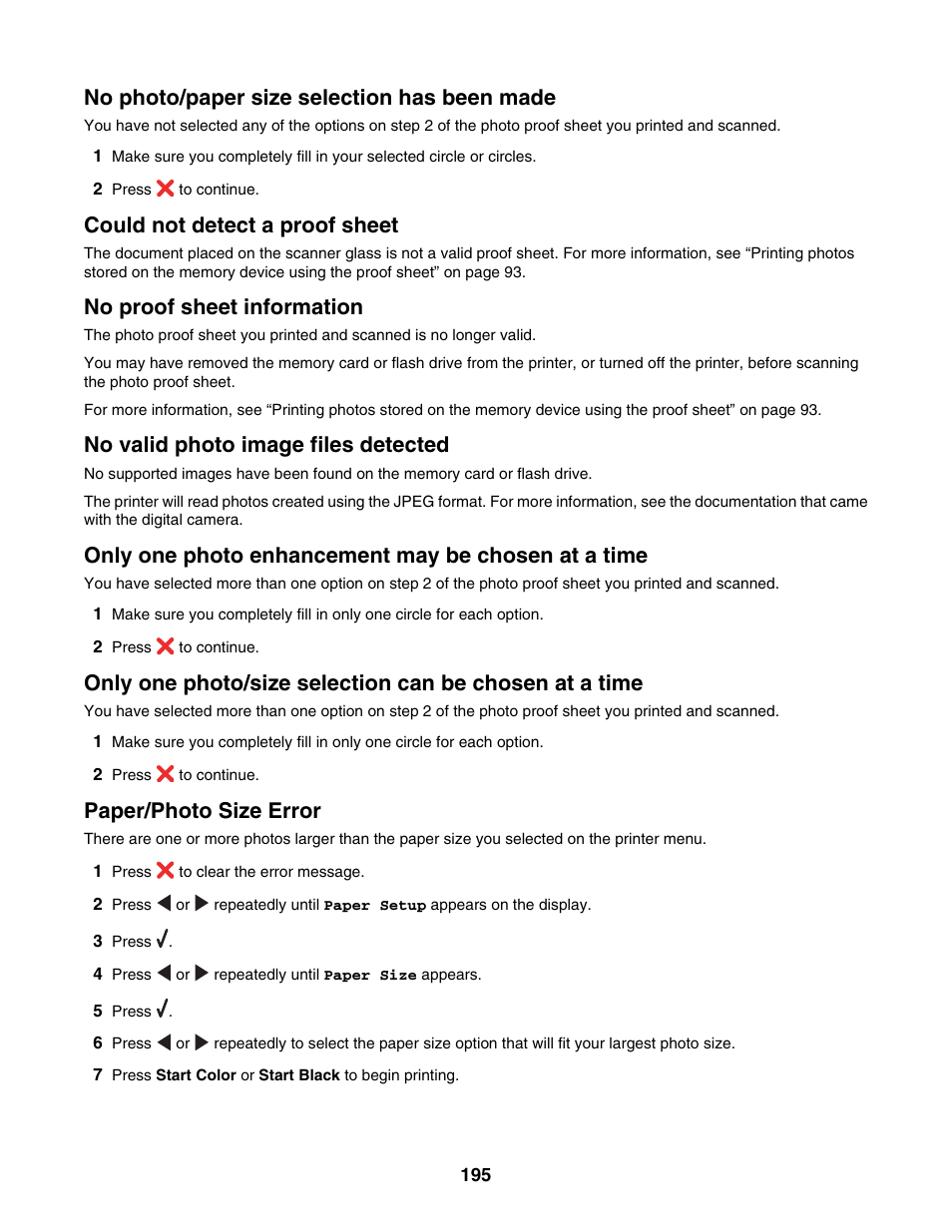 No photo/paper size selection has been made, Could not detect a proof sheet, No proof sheet information | No valid photo image files detected, Only one photo enhancement may be chosen at a time, Paper/photo size error | Lexmark 6500 Series User Manual | Page 195 / 223