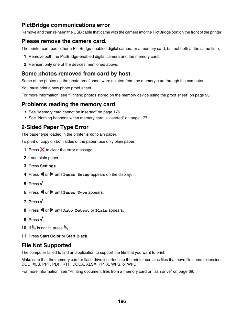 Pictbridge communications error, Please remove the camera card, Some photos removed from card by host | Problems reading the memory card, Sided paper type error, File not supported | Lexmark 6500 Series User Manual | Page 196 / 223