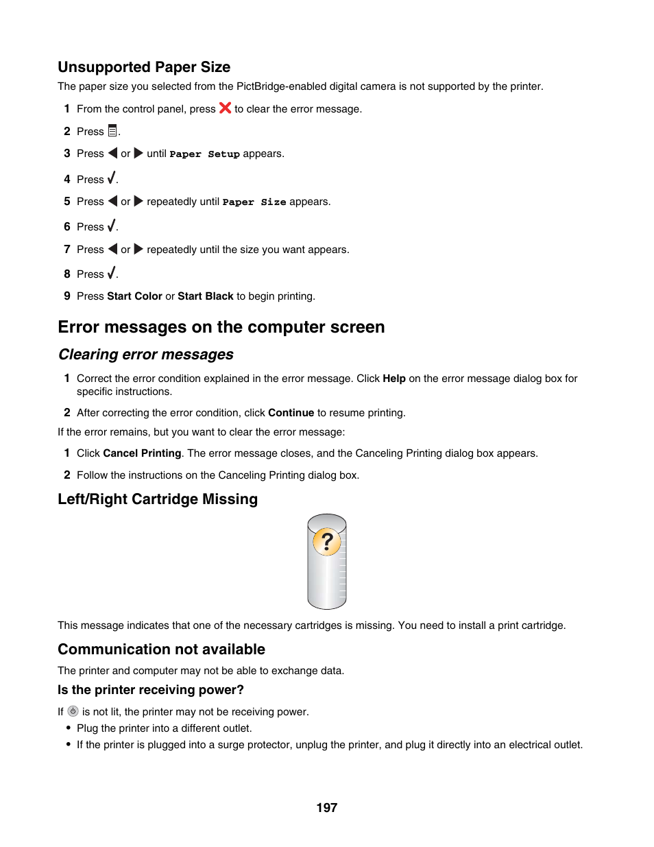 Unsupported paper size, Error messages on the computer screen, Clearing error messages | Left/right cartridge missing, Communication not available | Lexmark 6500 Series User Manual | Page 197 / 223