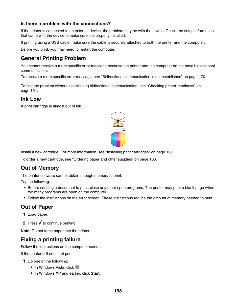 General printing problem, Ink low, Out of memory | Out of paper, Fixing a printing failure | Lexmark 6500 Series User Manual | Page 198 / 223