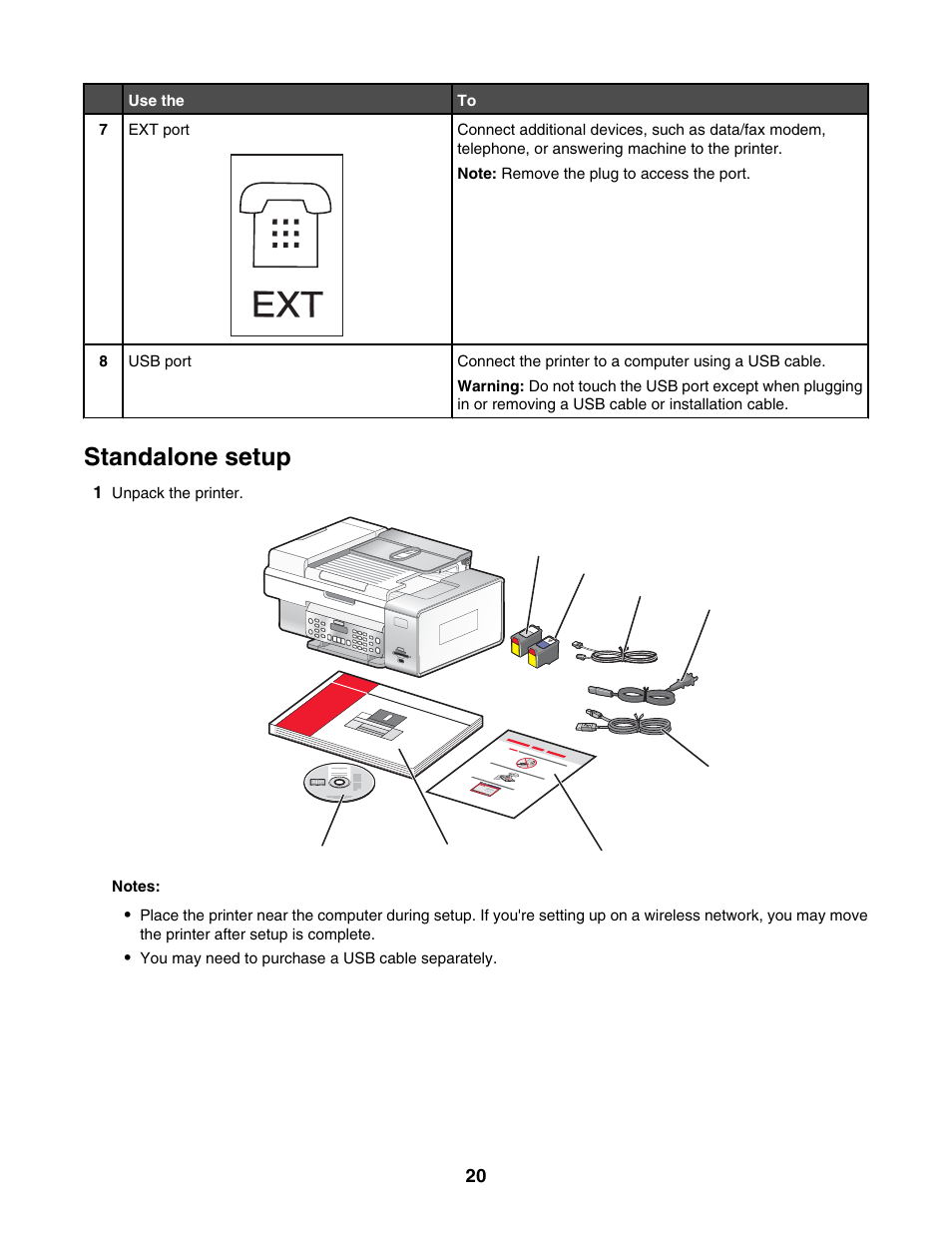 Standalone setup | Lexmark 6500 Series User Manual | Page 20 / 223