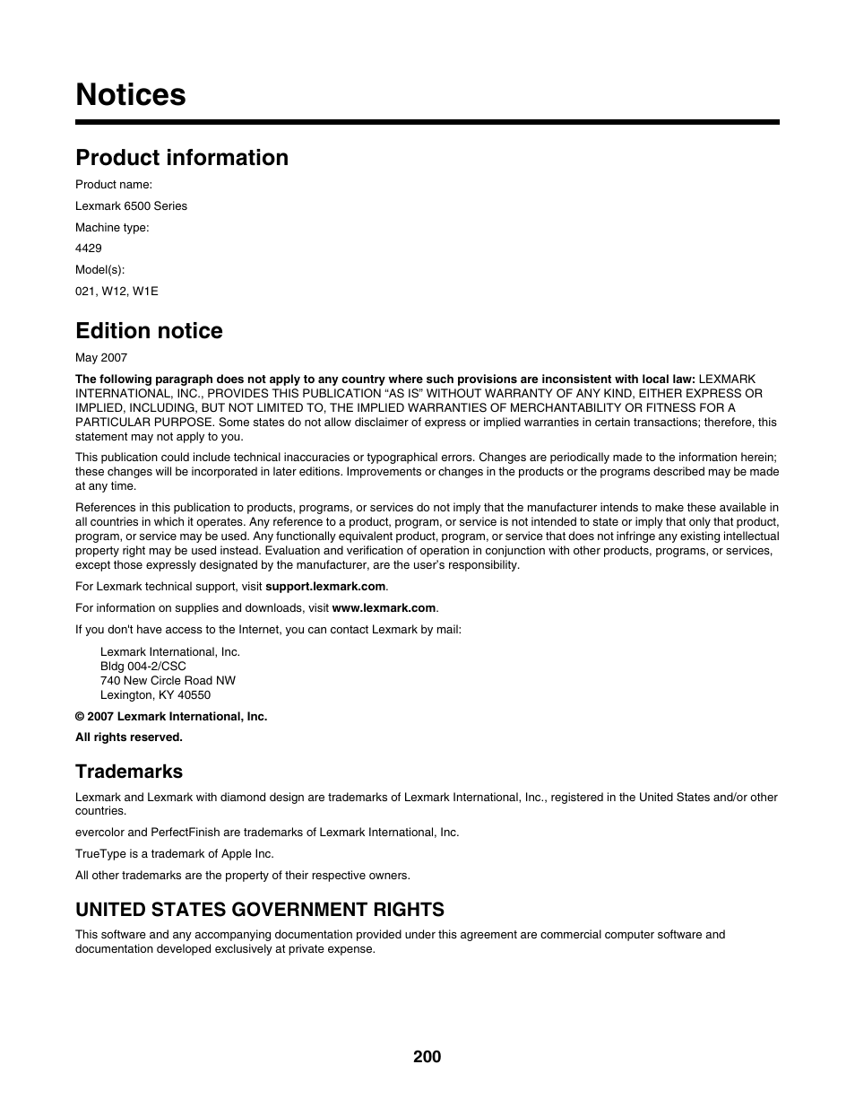 Notices, Product information, Edition notice | Trademarks, United states government rights | Lexmark 6500 Series User Manual | Page 200 / 223