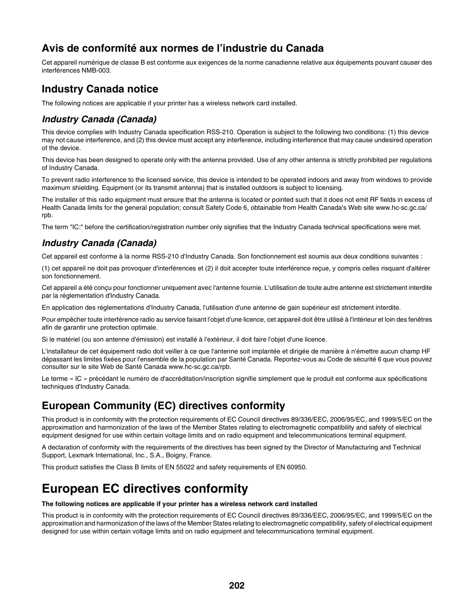 Industry canada notice, European community (ec) directives conformity, European ec directives conformity | Lexmark 6500 Series User Manual | Page 202 / 223