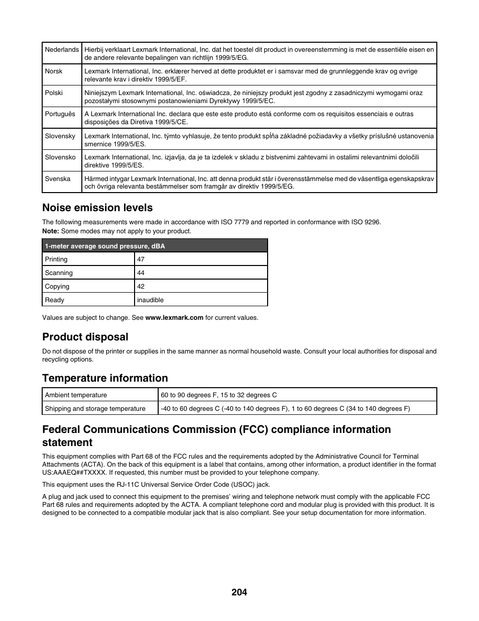 Noise emission levels, Product disposal, Temperature information | Lexmark 6500 Series User Manual | Page 204 / 223