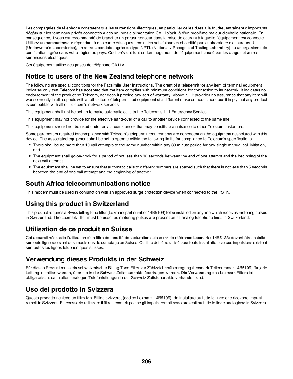 South africa telecommunications notice, Using this product in switzerland, Utilisation de ce produit en suisse | Verwendung dieses produkts in der schweiz, Uso del prodotto in svizzera | Lexmark 6500 Series User Manual | Page 206 / 223