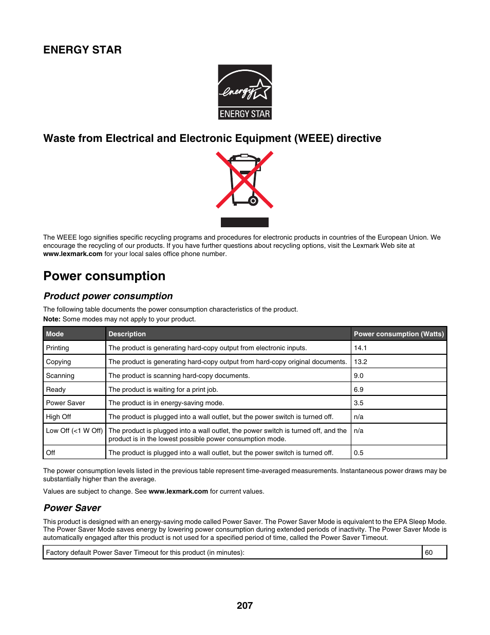 Energy star, Power consumption, Product power consumption | Power saver | Lexmark 6500 Series User Manual | Page 207 / 223