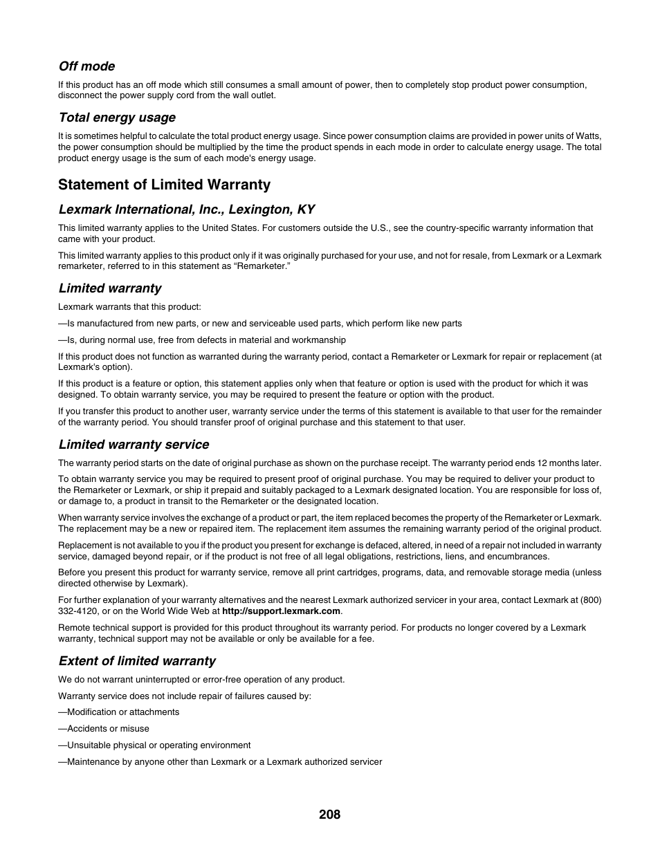 Off mode, Total energy usage, Statement of limited warranty | Lexmark international, inc., lexington, ky, Limited warranty, Limited warranty service, Extent of limited warranty | Lexmark 6500 Series User Manual | Page 208 / 223