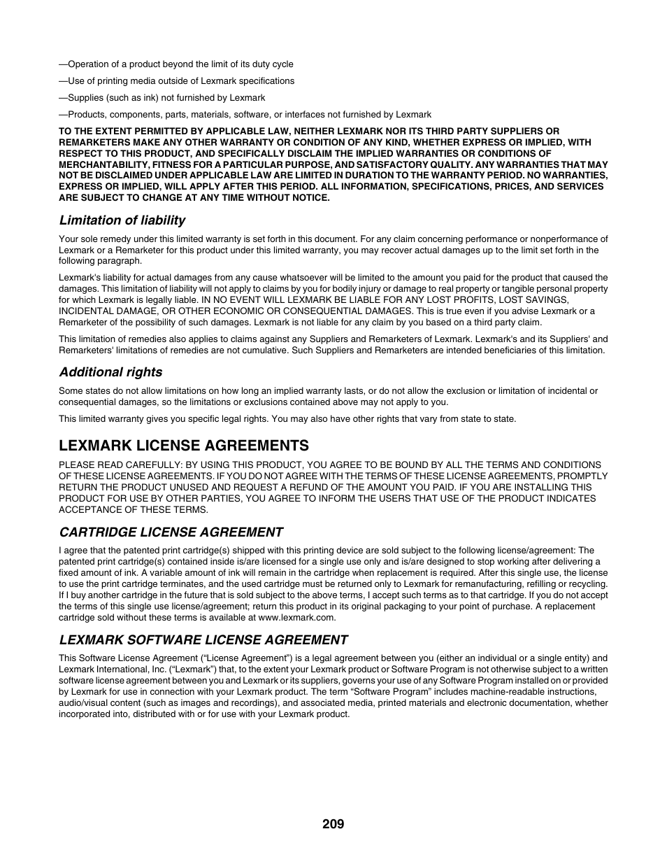 Lexmark license agreements | Lexmark 6500 Series User Manual | Page 209 / 223