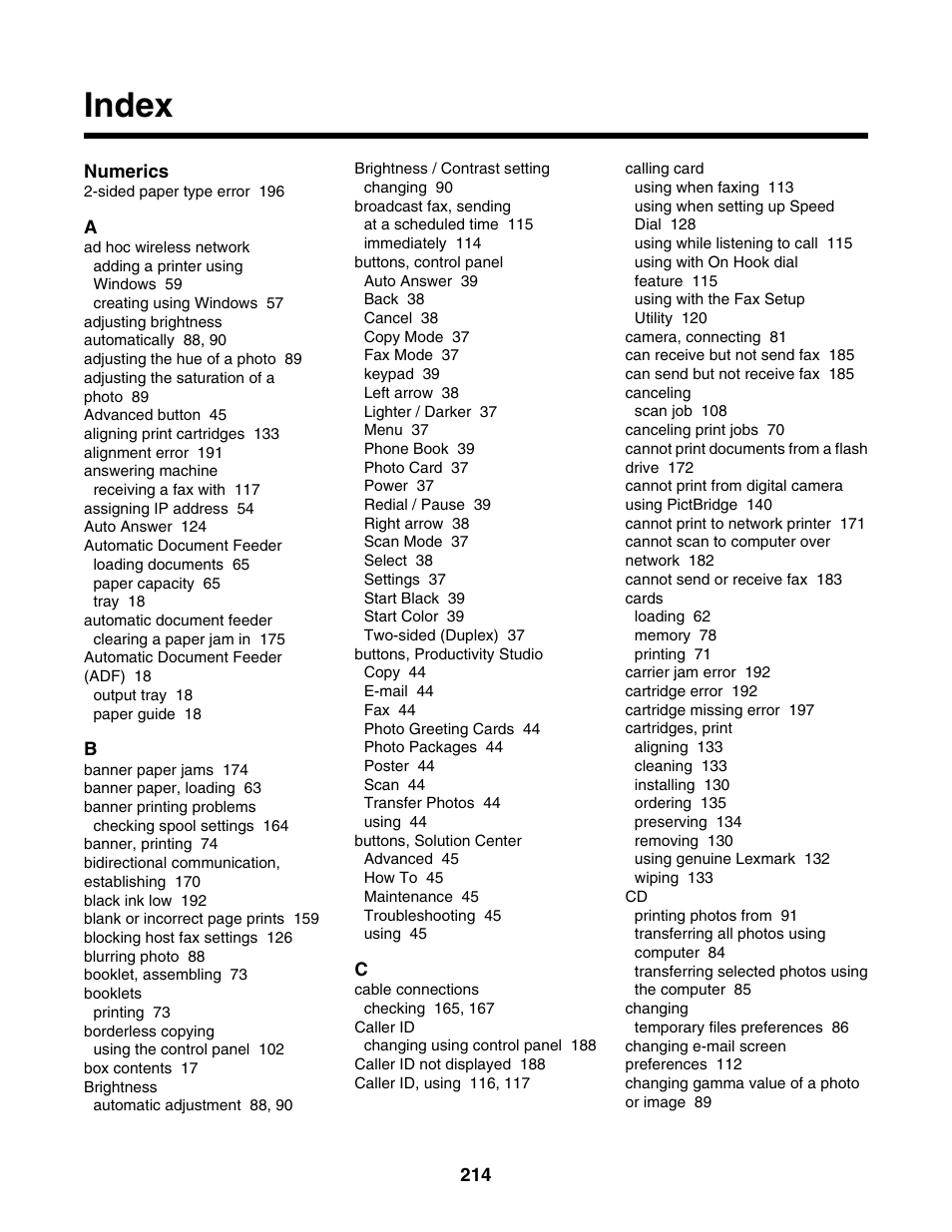 Index | Lexmark 6500 Series User Manual | Page 214 / 223